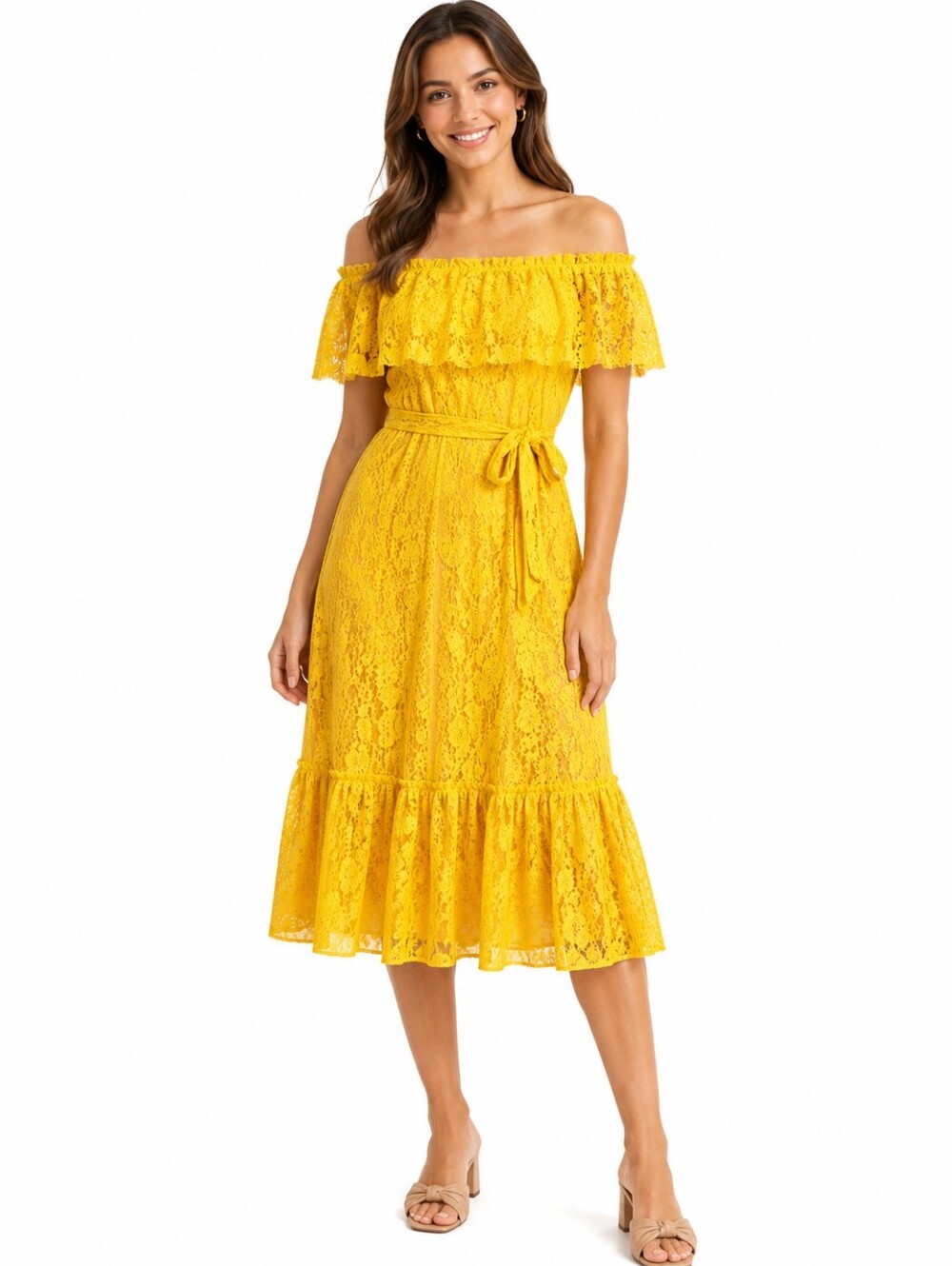 Sharagano Women's Ruffle Boho off the shoulder with Lace Trim Dress Size S
